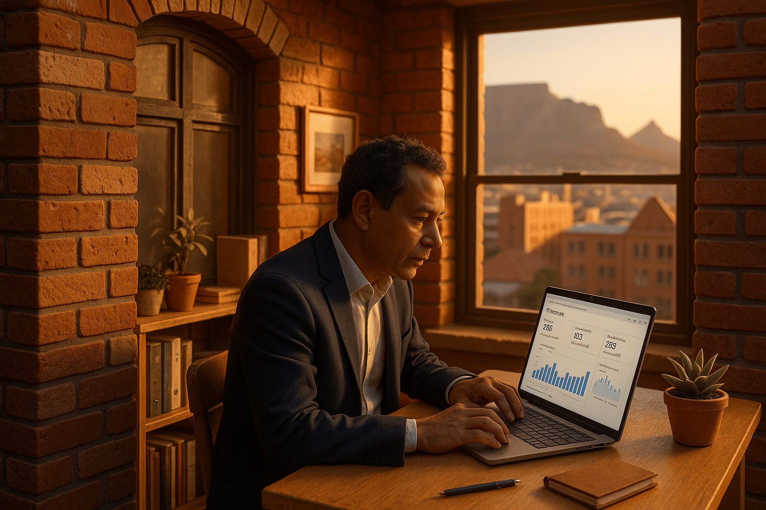 A Software Company Director Reviewing Linkedin Analytics On A Laptop Screen, Cape Town Office Setting