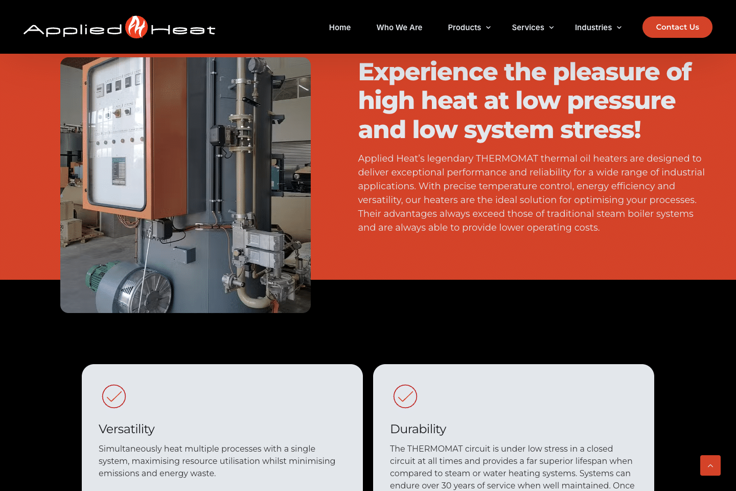 Applied Heat website showing the THERMOMAT thermal oil heater product explanation and benefits