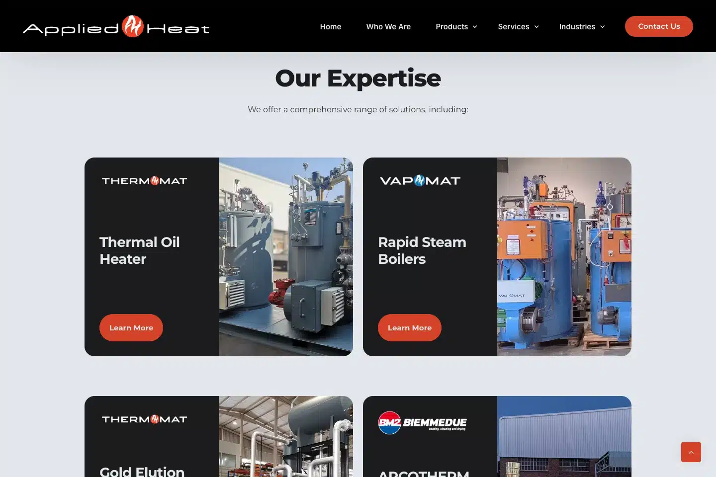 Applied Heat website product range with thermal oil heaters, steam boilers and product navigation
