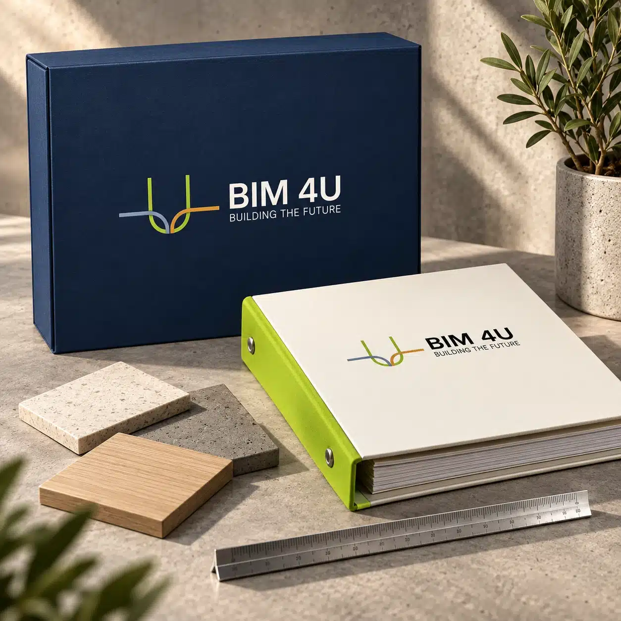 BIM 4U architectural sample kit brand application concept. Brand application concept.
