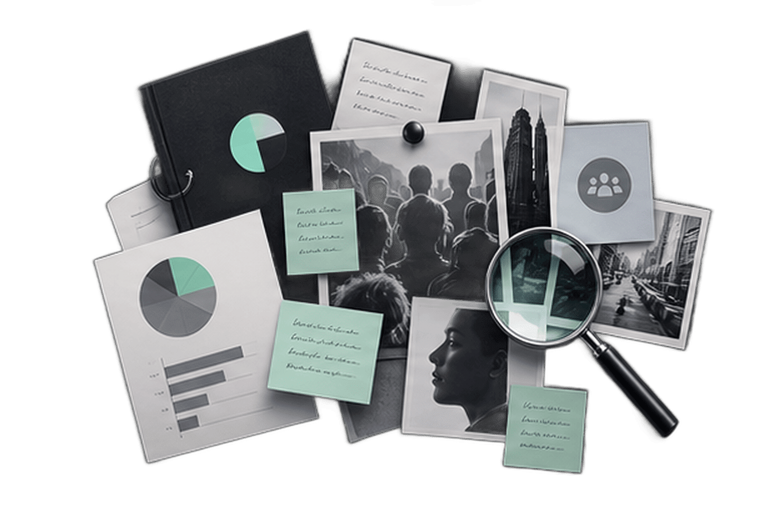 Illustration of A brand audit collection of identity touchpoints and audience perception notes
