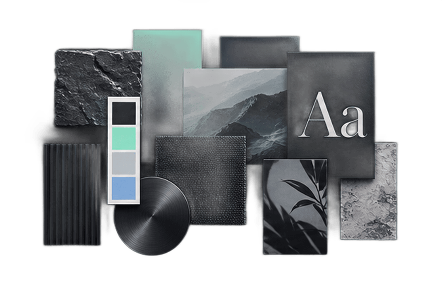 Illustration of A distinctive brand direction moodboard of colour, typography and tactile materials