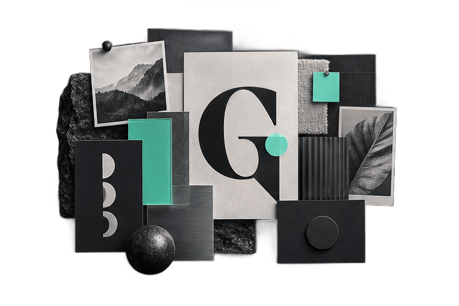 Illustration of A conceptual brand direction board with tactile materials, images and typographic shapes