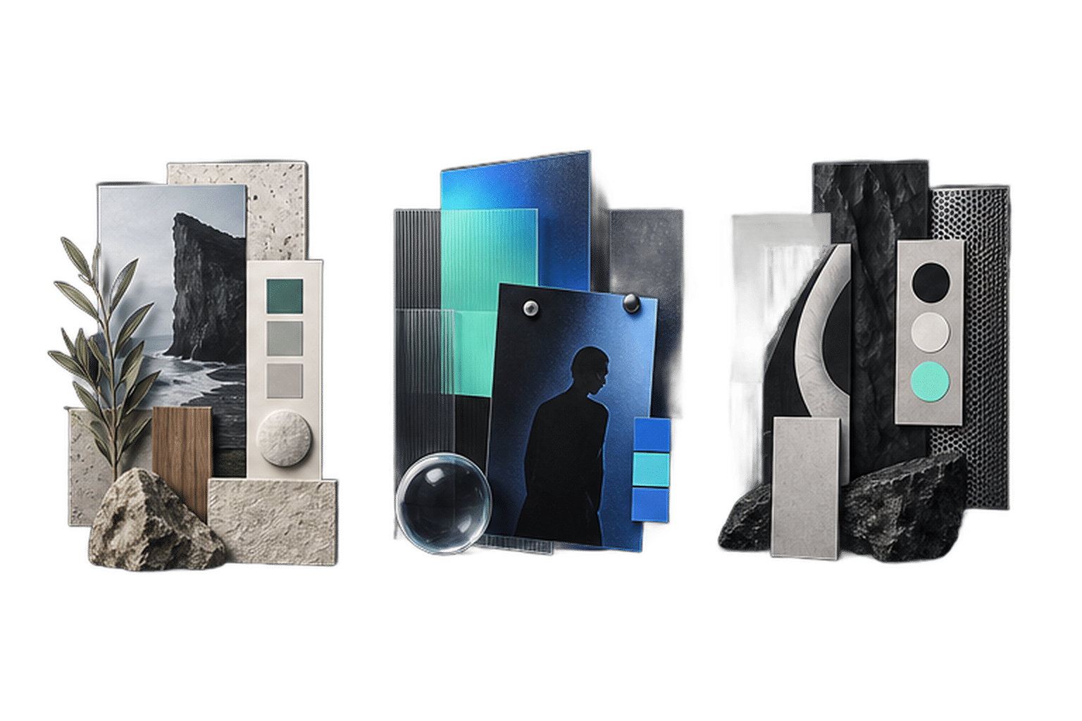 Illustration of Three genuinely different creative territories expressed as small physical moodboard installations