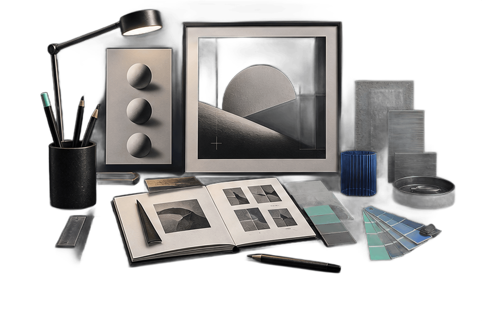 Illustration of A refined art-direction desk with lighting studies, colour samples and a composition frame