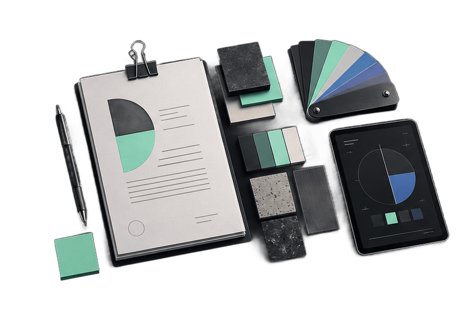 Illustration of A physical creative brief beside neatly organised print and digital format swatches
