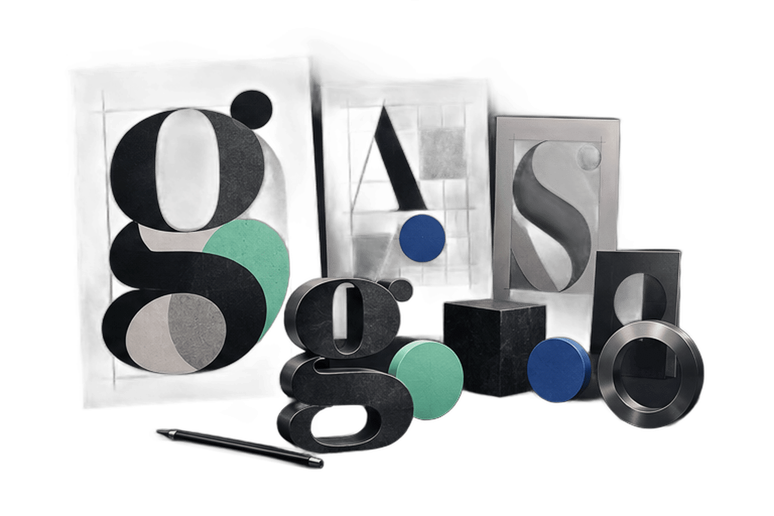 Illustration of A contemporary typographic poster study with abstract letterform sculptures and layout sheets