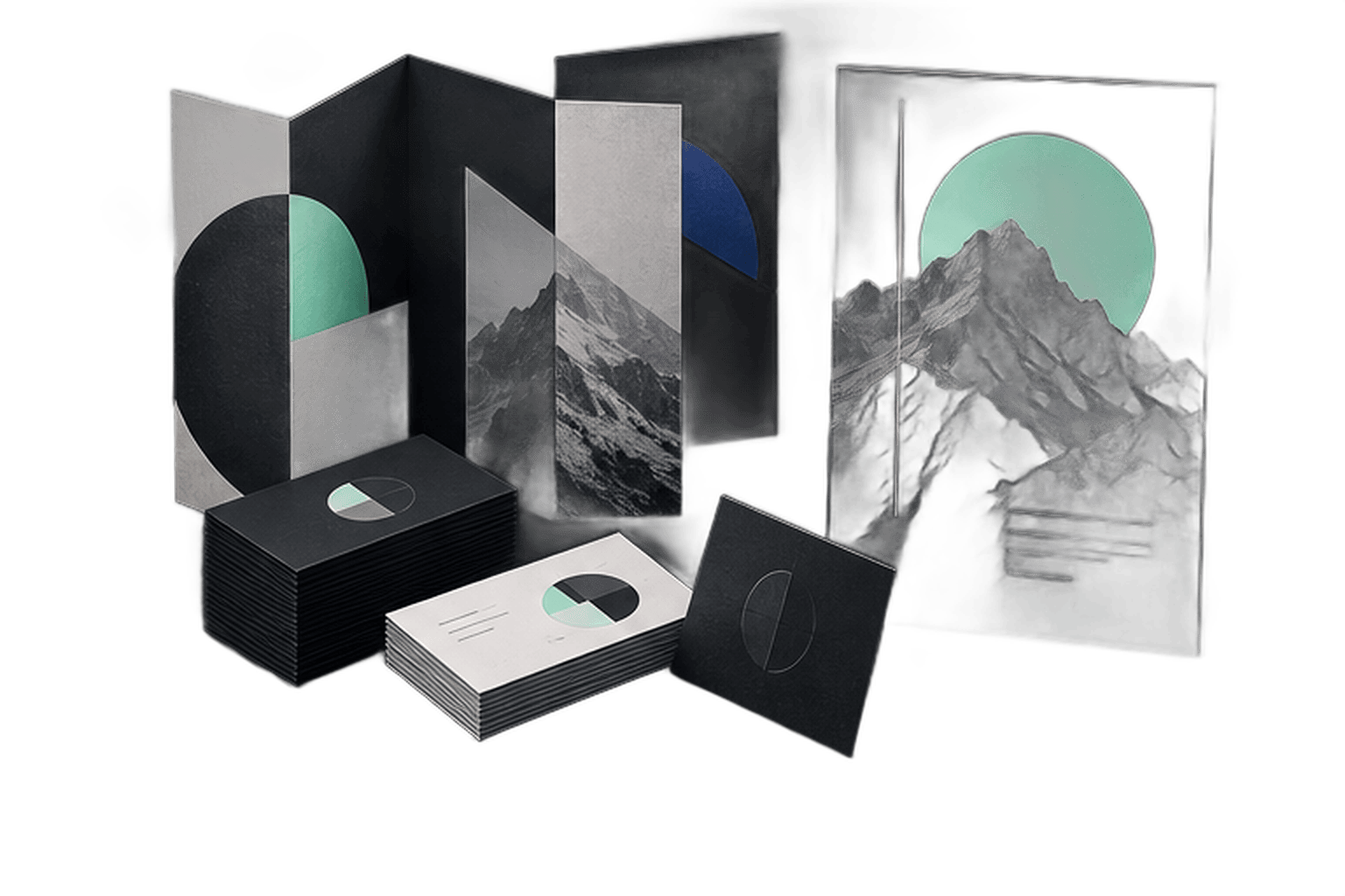 Illustration of A set of folded brochures, business cards and a portrait digital poster sharing a tasteful geometric identity