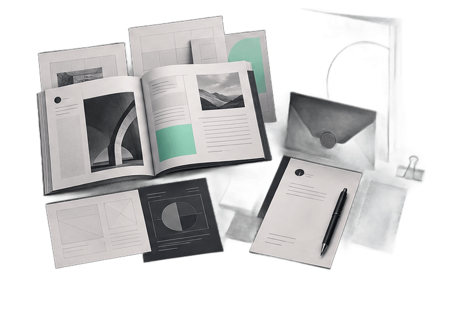 Illustration of An editorial design archive with reusable layout masters and a coordinated stationery collection
