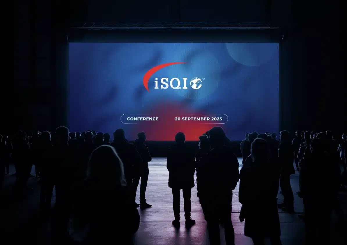 iSQI conference-screen artwork shown in a dark venue mockup with audience silhouettes
