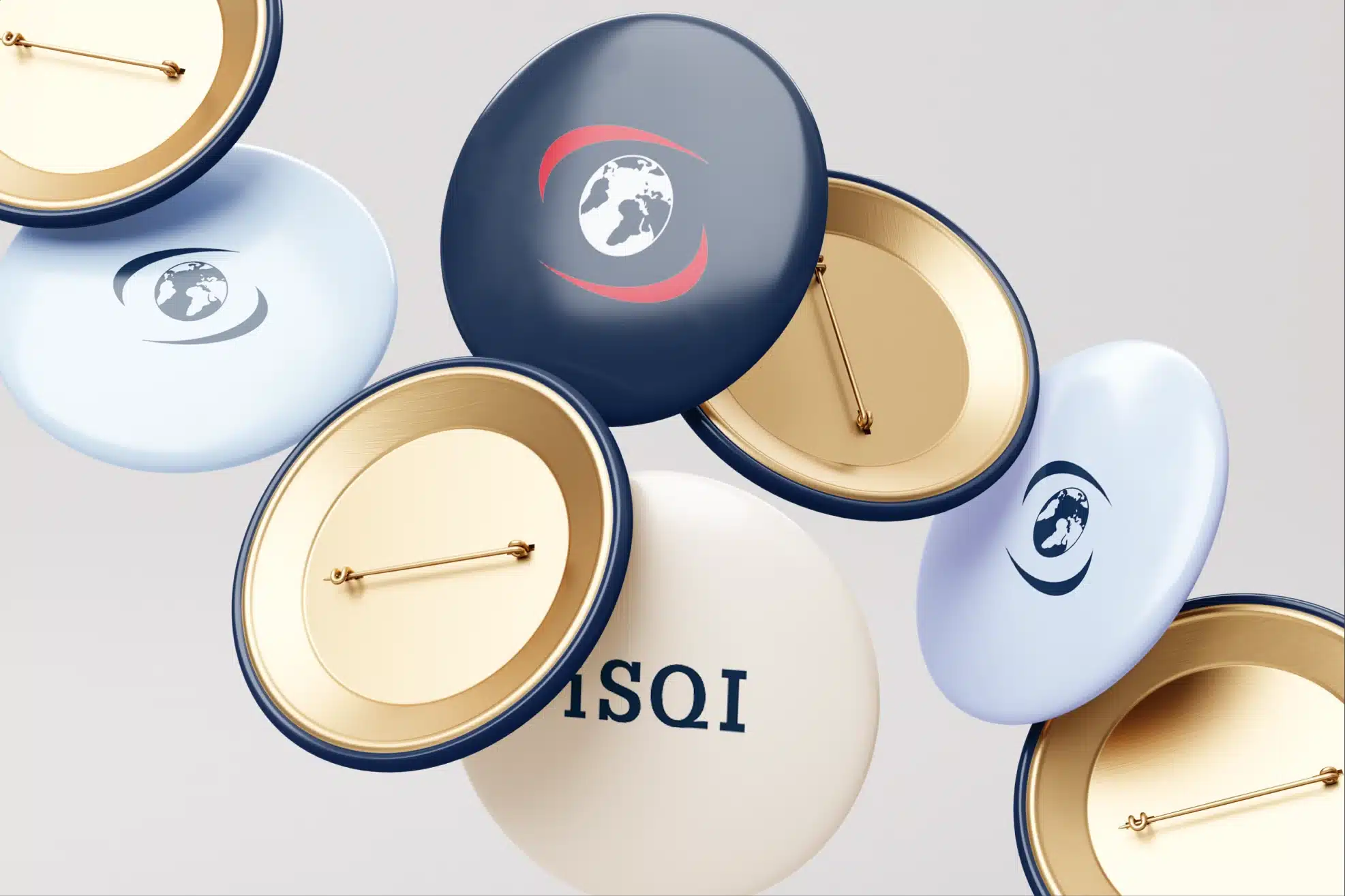 iSQI-branded pin-badge designs with blue and pink details