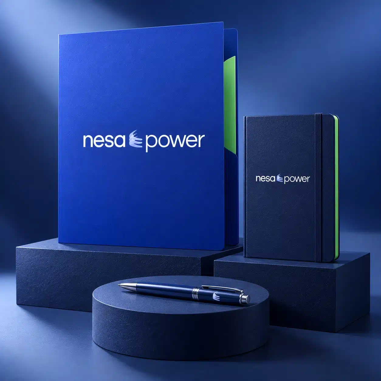 Nesa Power presentation folder, notebook and pen brand application concept.