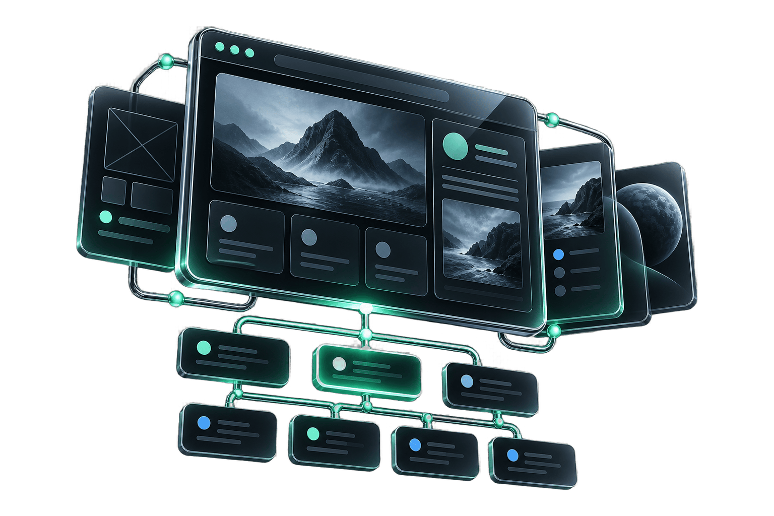 Discovery and structure illustration for website development, in smoked glass, chrome and mint