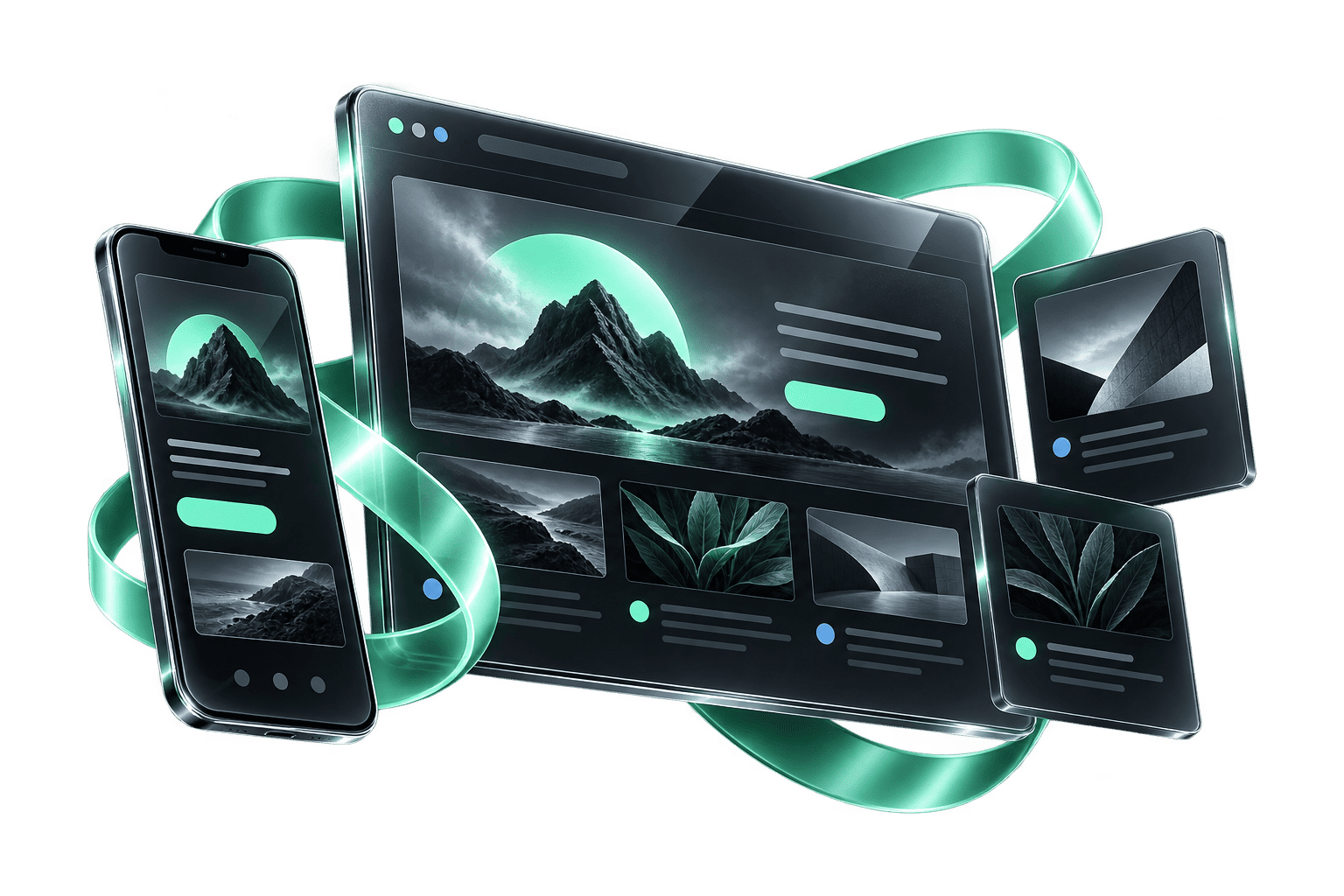 Design and content illustration for website development, in smoked glass, chrome and mint