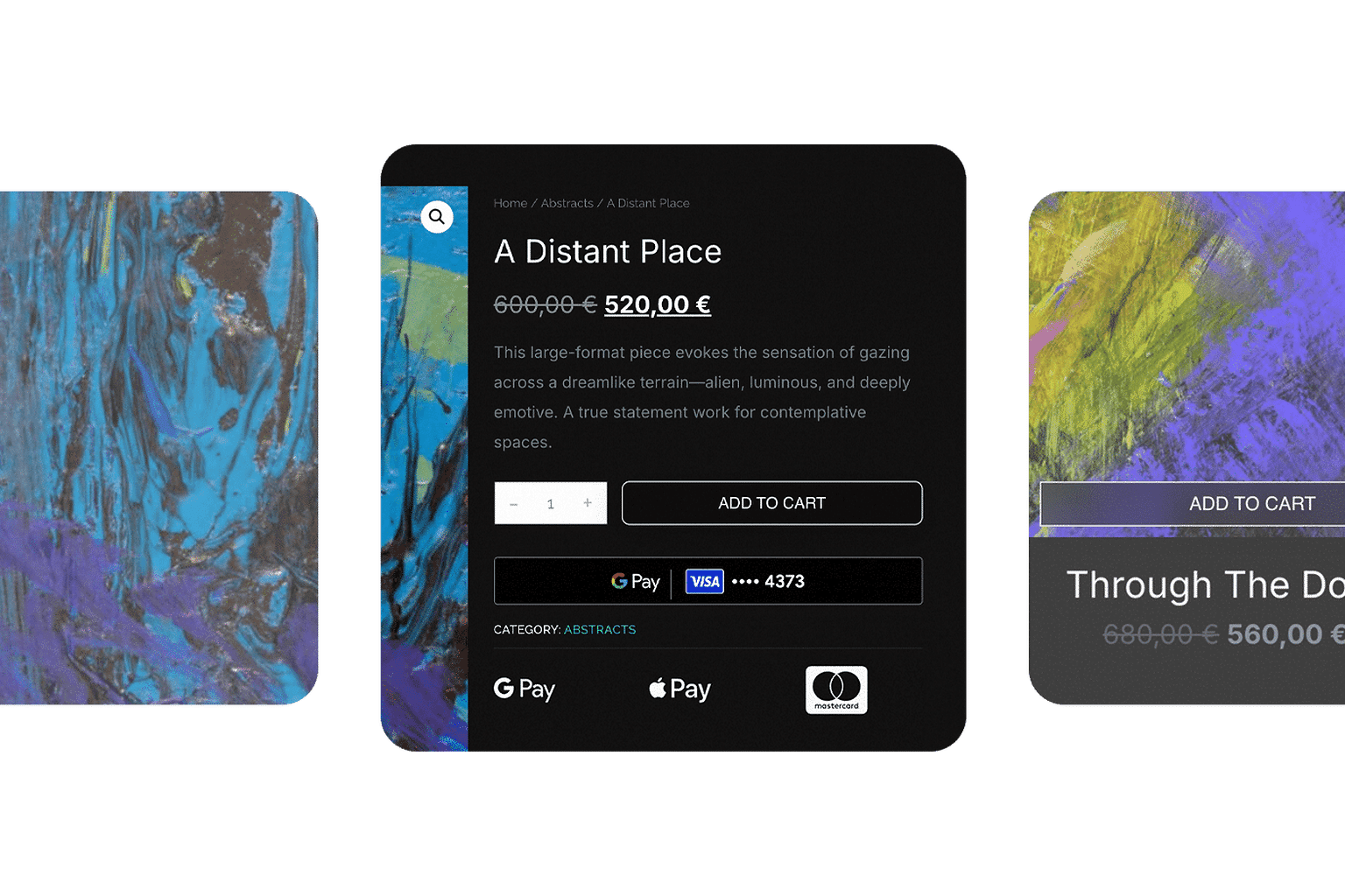 Art storefront interface showing a product purchase journey