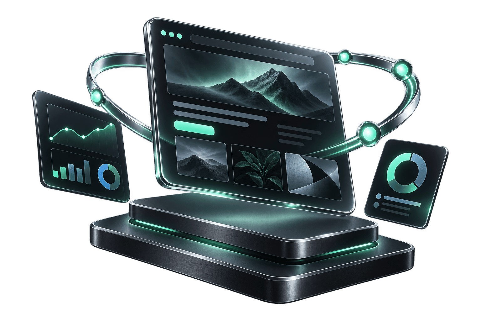 Launch and continuity illustration for website development, in smoked glass, chrome and mint