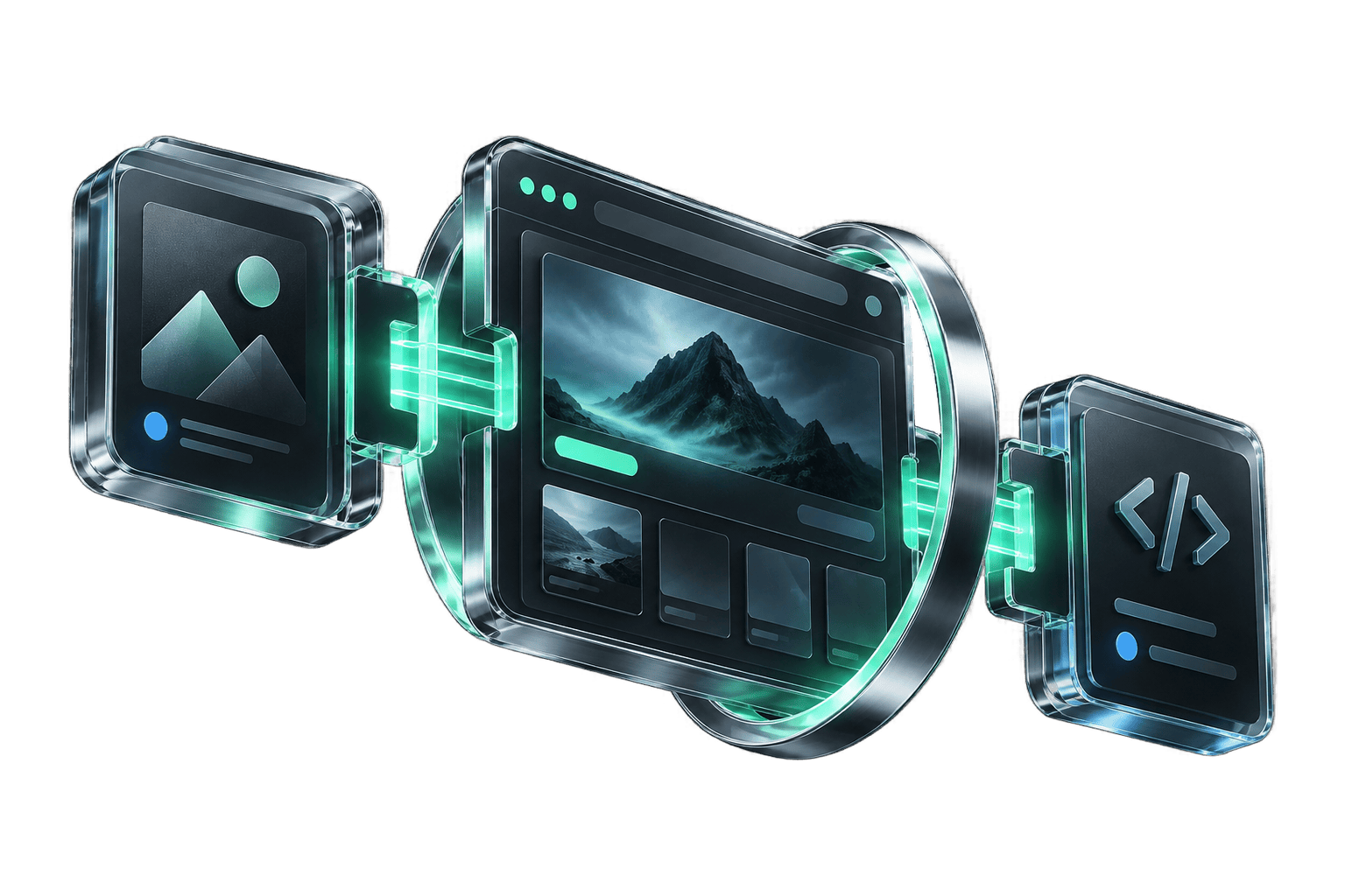 Connected website, content and code interfaces in smoked glass, chrome and mint