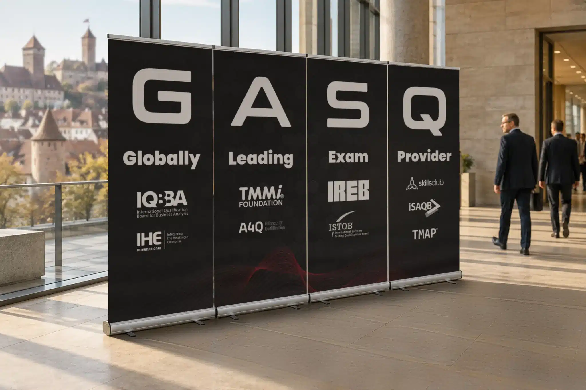 GASQ’s four roll-up banners spelling GASQ, Globally Leading Exam Provider, in a conference foyer