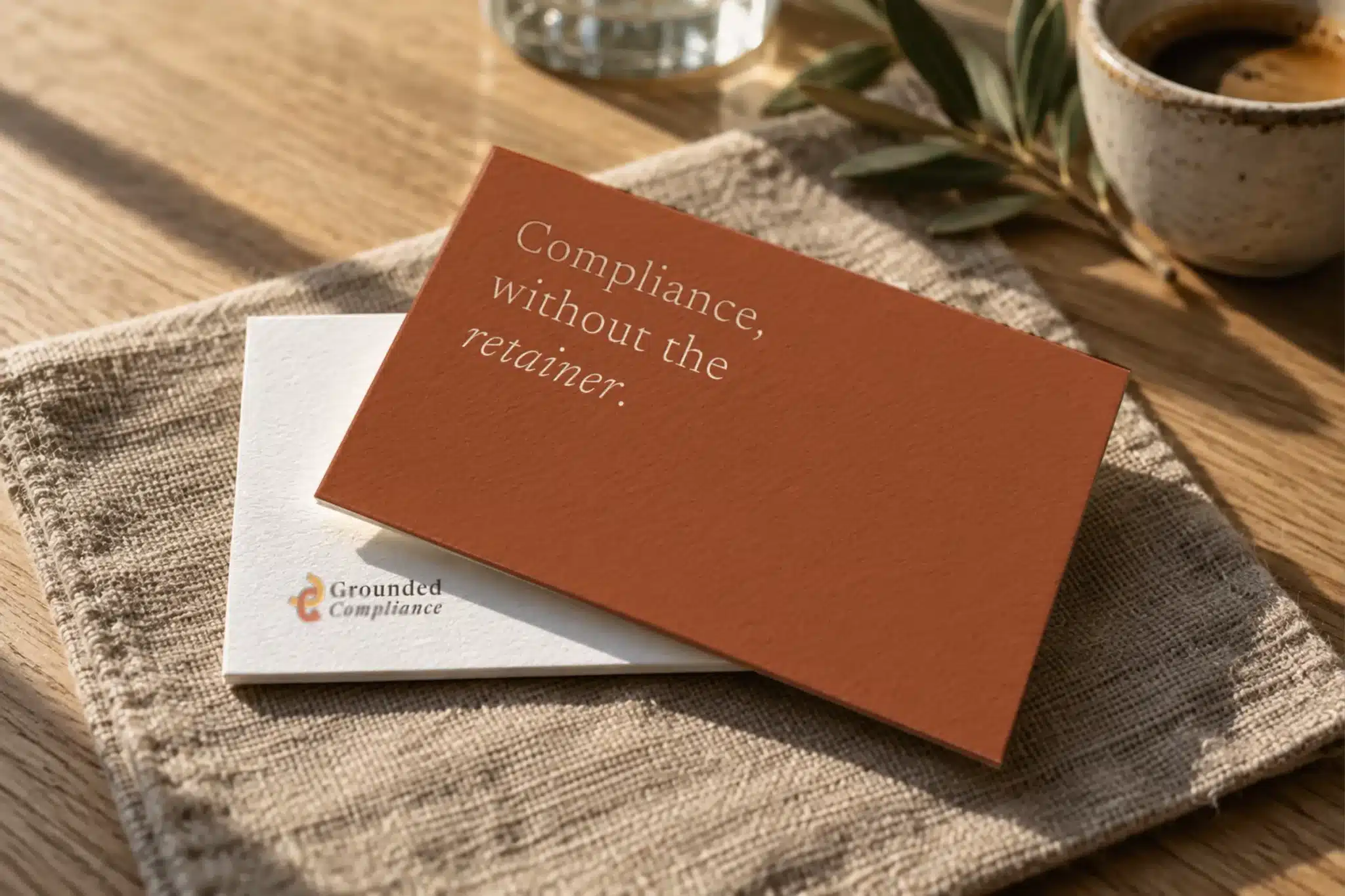 Grounded Compliance letterpress business cards on linen