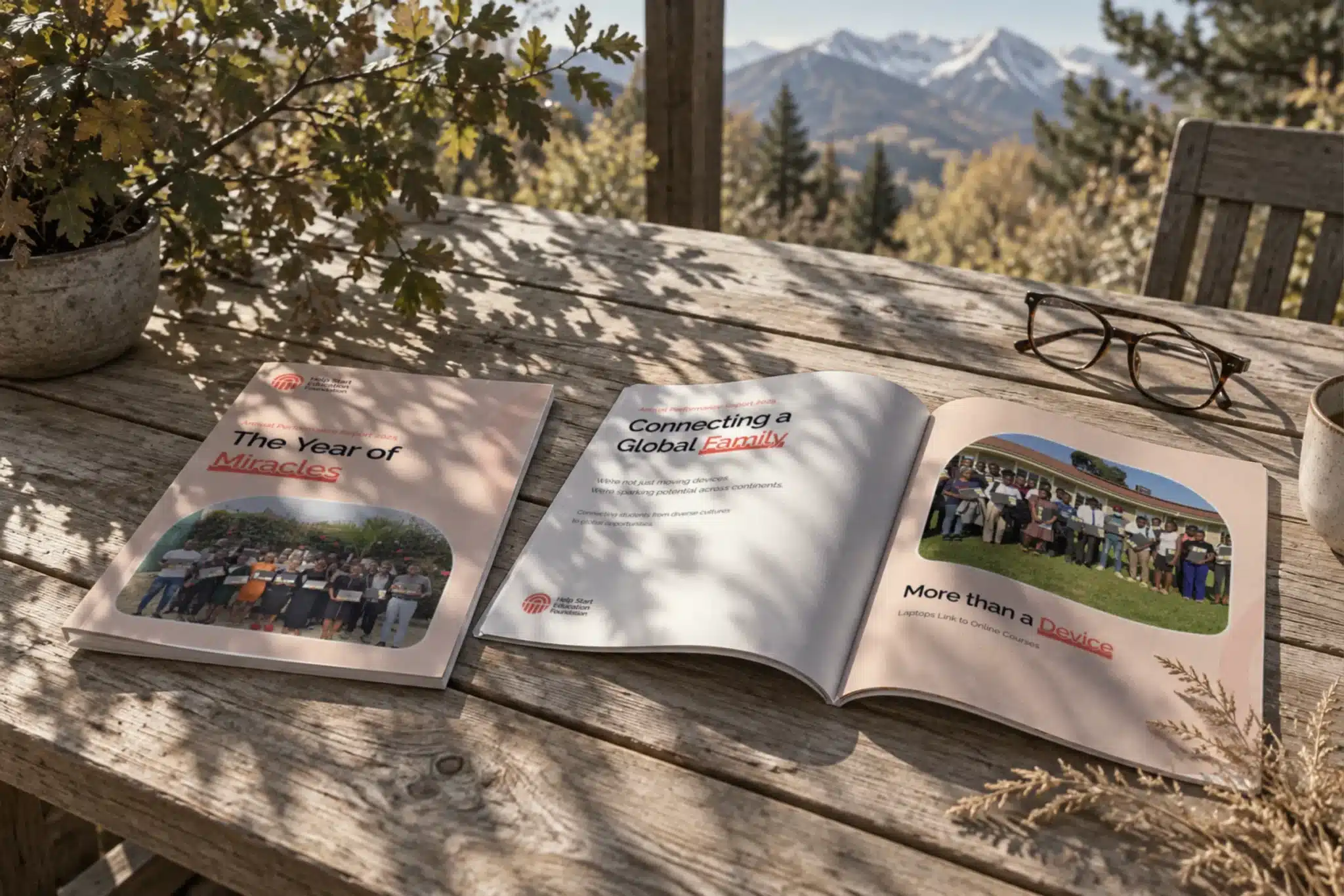 Help Start 2025 annual report on a deck table with mountains behind