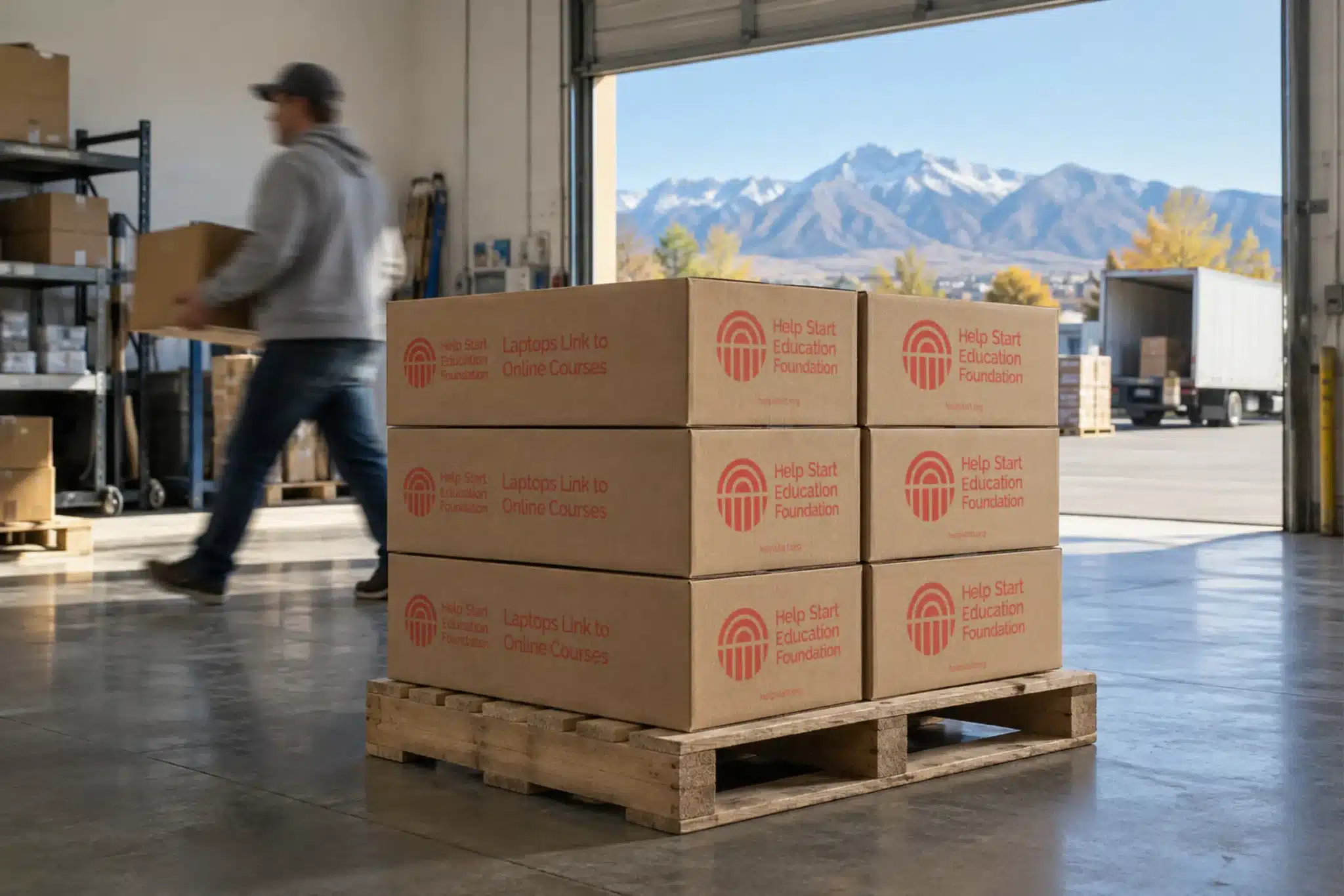 Help Start laptop cartons stacked at a warehouse dock