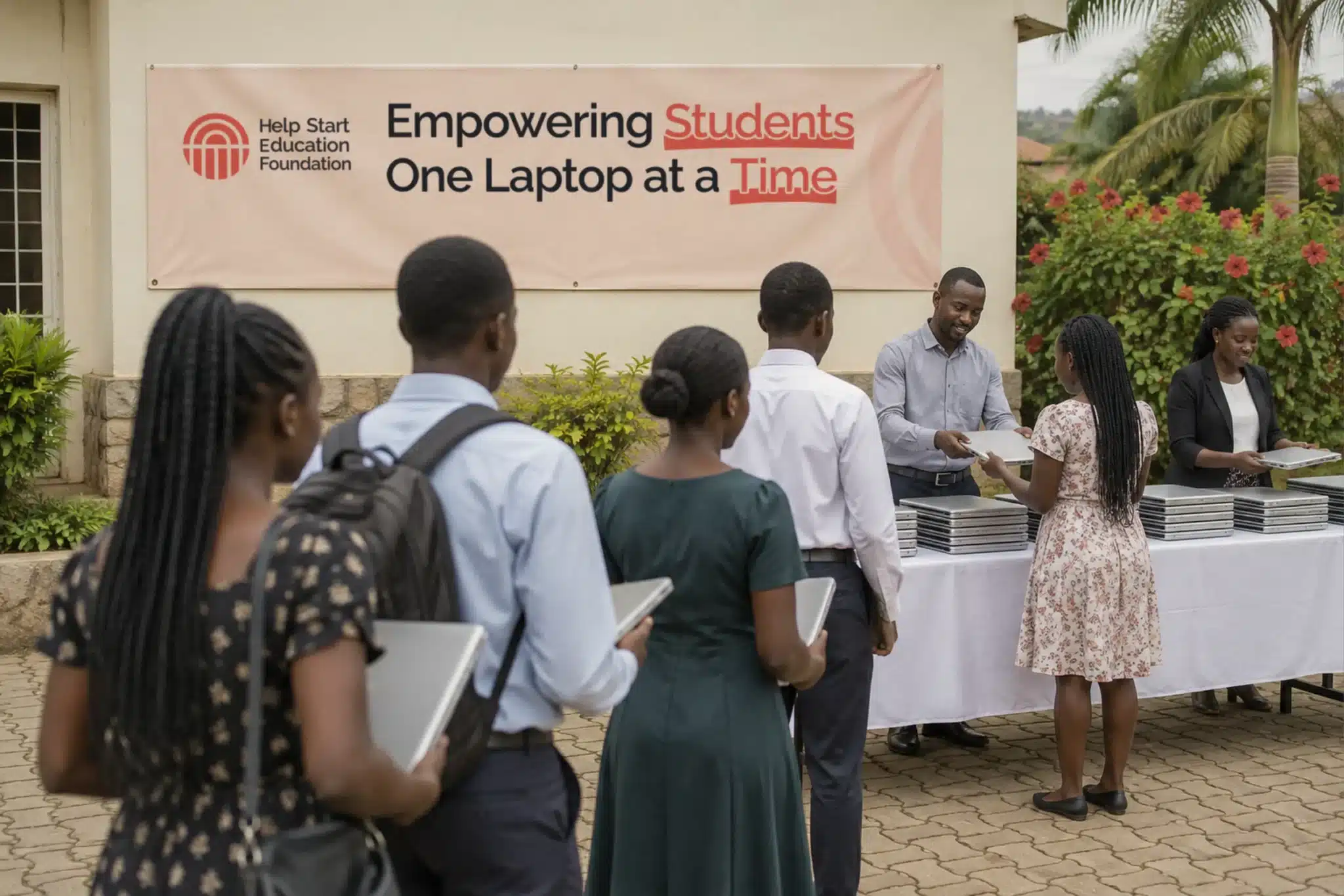 Help Start banner above a laptop handover day with students