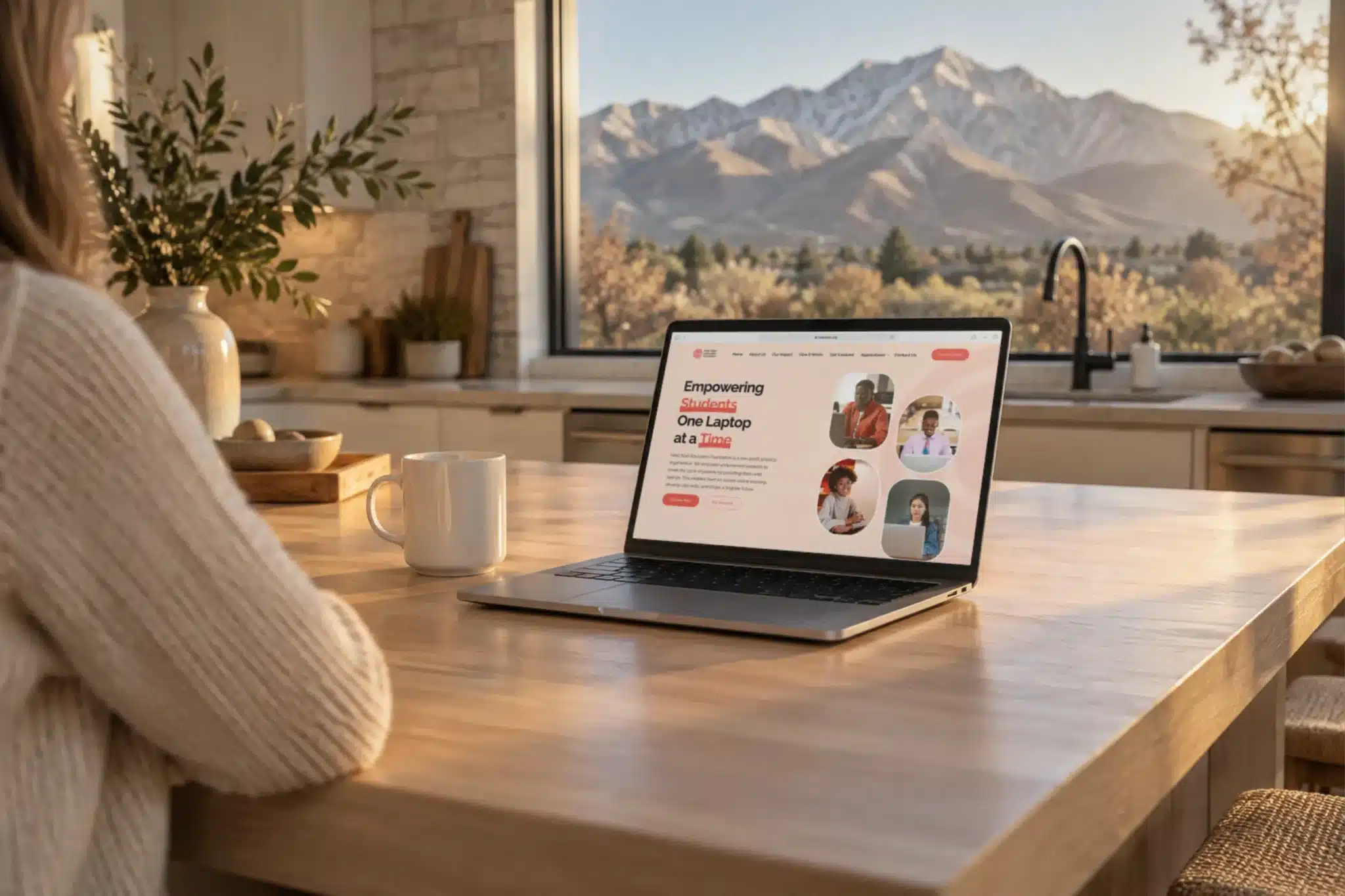 Help Start Education Foundation website on a laptop in a kitchen at golden hour